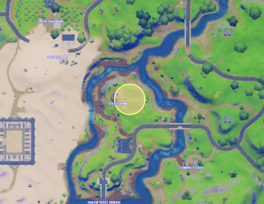 A map of Fortnite showing the location of a Week 8 challenge