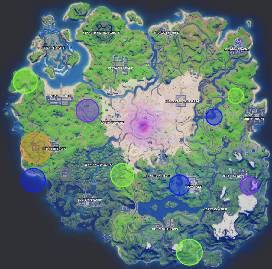 A screenshot from Fortnite showing where the Week 11 XP coins are located