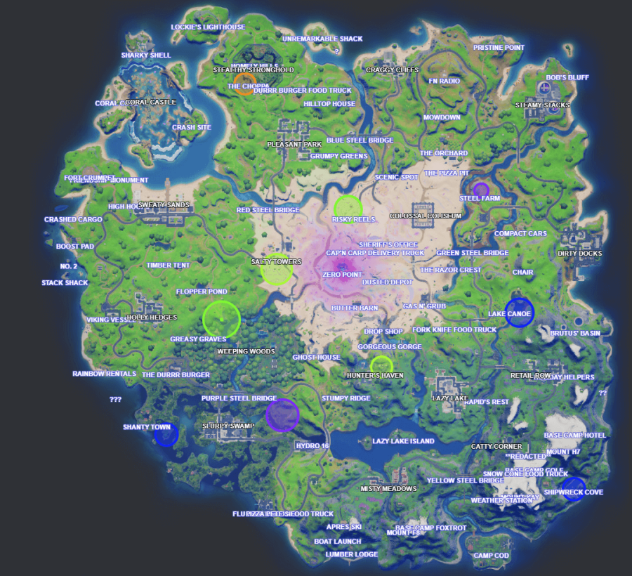 A map of Fortnite showing the location of a Week 8 XP Coins