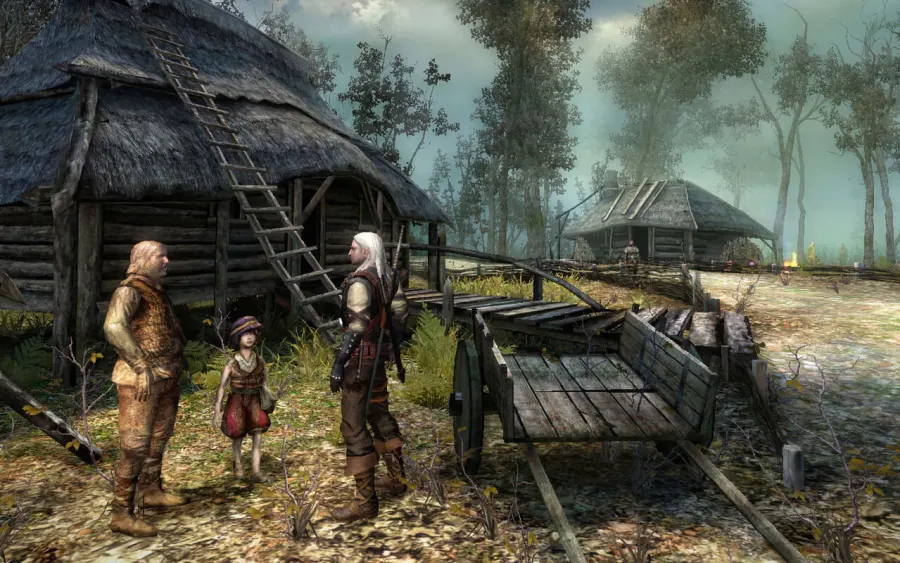 Screenshot of the Witcher: Enhanced Edition. Geralt of Rivia speaking to a mother and daughter.