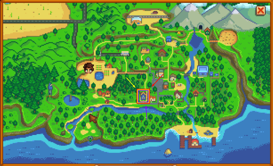 Stardew Valley Map highlighting Sam's home location