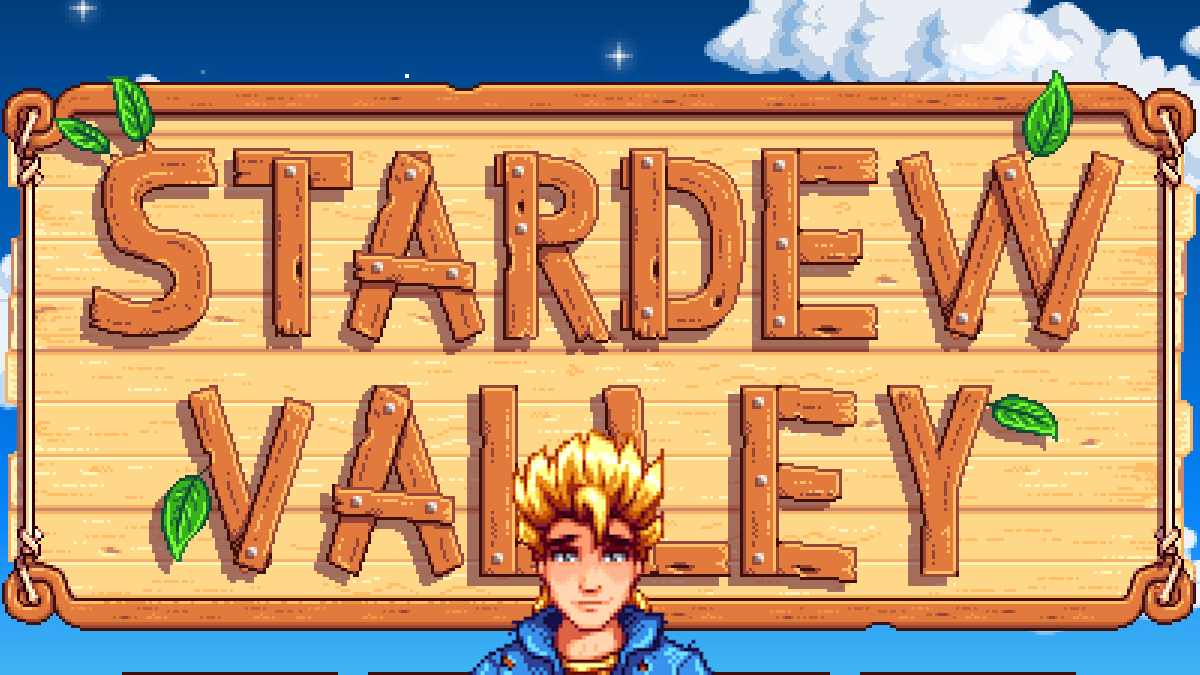 Sam in front of the Stardew Valley loading screen.