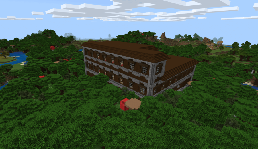 A screenshot of a mansion in front of a village.