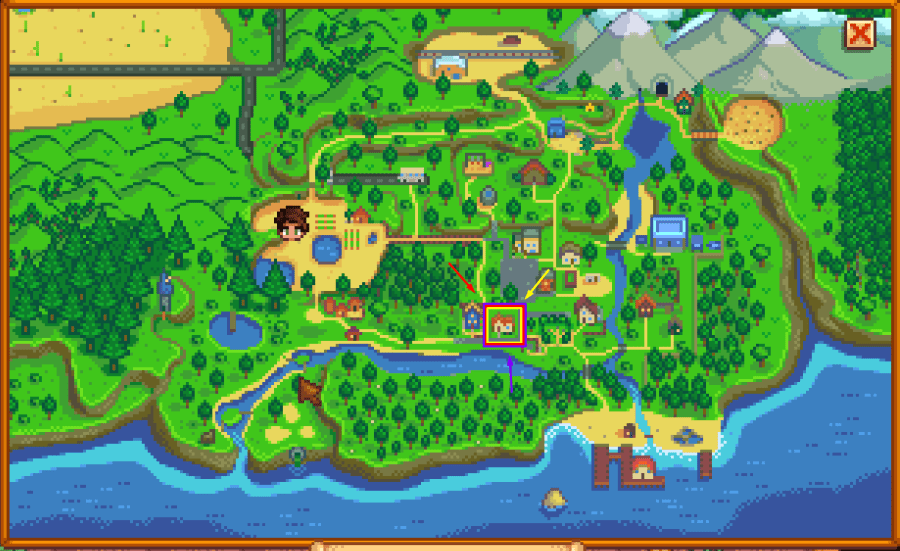 Map of Stardew Valley highlighting Emily's home.
