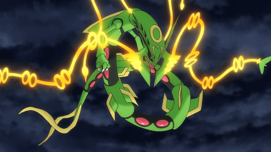 Image of a Mega Rayquaza in the Pokemon Anime.