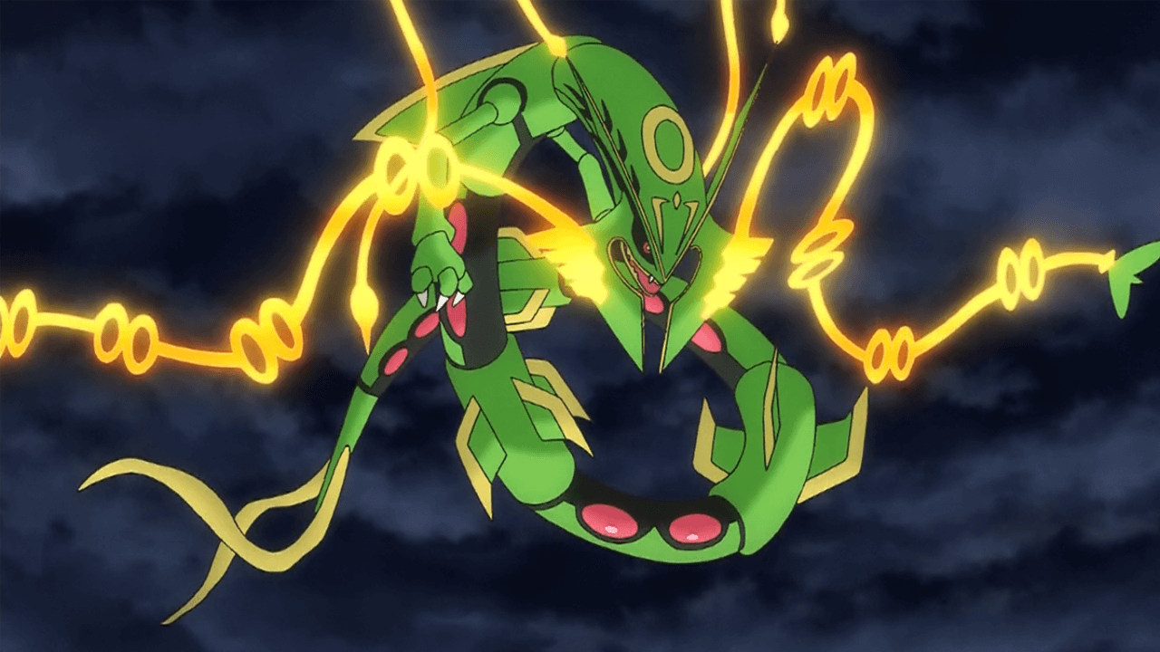 Image of a Mega Rayquaza in the Pokemon Anime. 