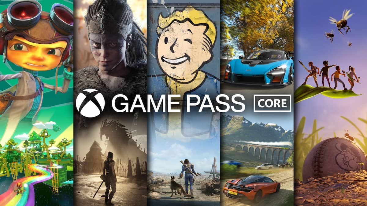 Xbox Game Pass Core logo with Fallout Boy, Senua, Dogmeat and other characters