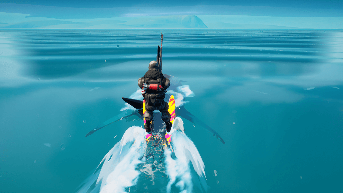 A fortnite player riding on a shark