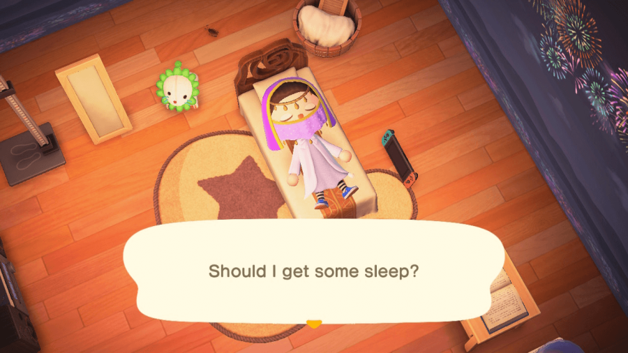 A character prompted to sleep in Animal Crossing.