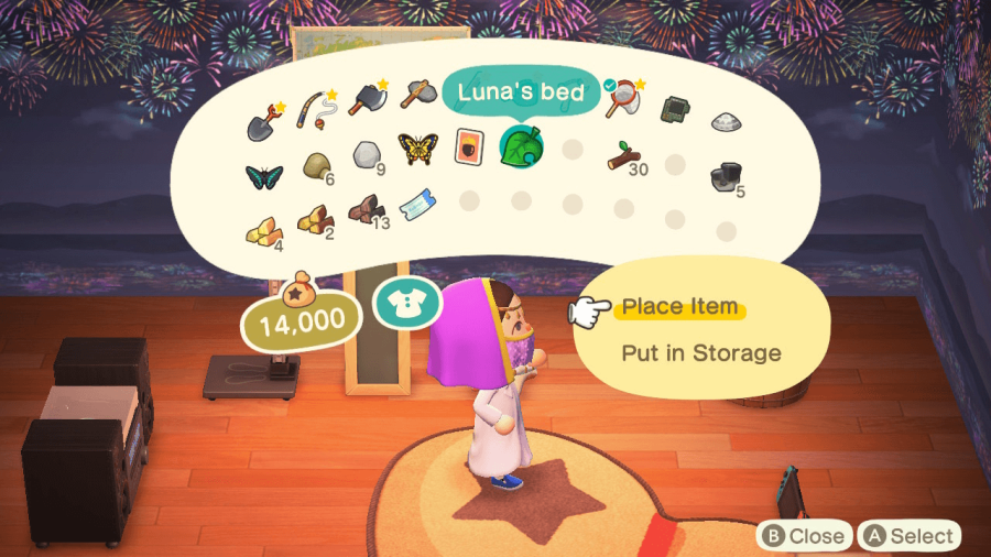 A character selecting an item in Animal Crossing.