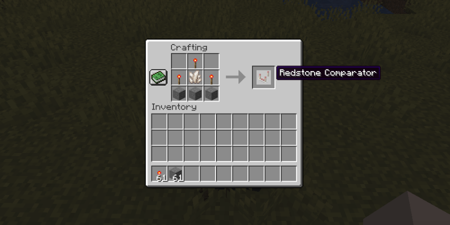 The crafting recipe for a Redstone Comparator.