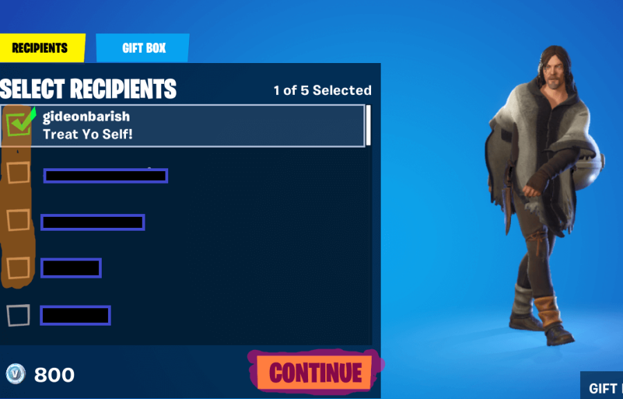 The friend select screen for gifts in fortnite.