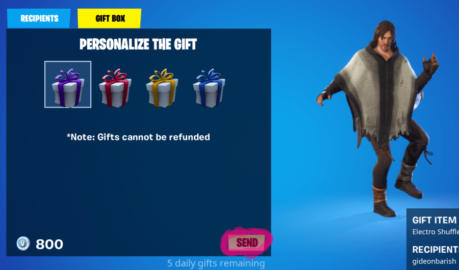 The send gift screen in fortnite.