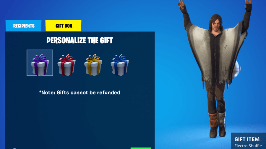 The send gift screen in Fortnite.