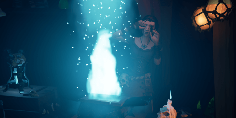 Madam Olivisa performing a spell on broken artifacts.