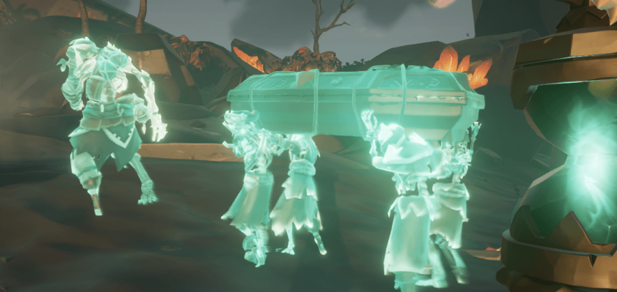 The spirit skeletons carrying the Ancient Skull coffin.