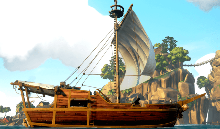 A sideview of a Sloop in Sea of Thieves.