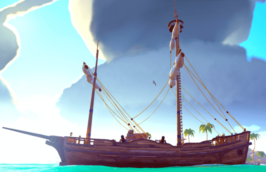 A sideview of a Brigantine in Sea of Thieves.