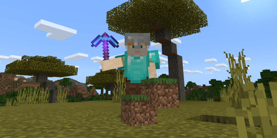 Minecraft Alex with a Silk Touch pickaxe.