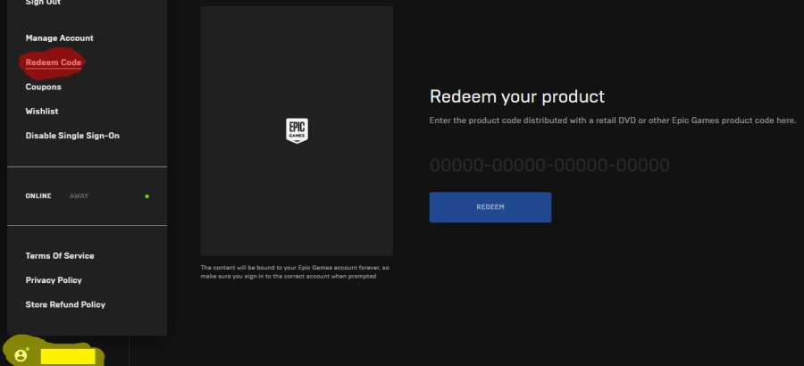 The Epic Games Launcher redeem code button.