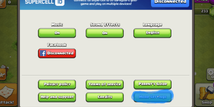 A screenshot of the settings menu in clash of clans.