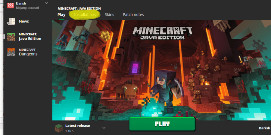 A screenshot of the Minecraft title page with Installations highlighted.
