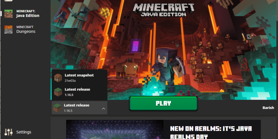 A screenshot of the Minecraft Home Menu with the version select open.