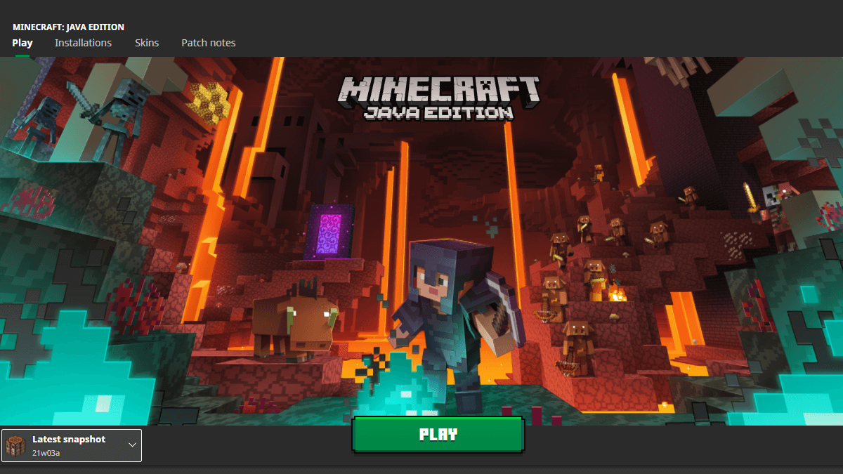 A screenshot of the Minecraft Title page with the snapshot selected.