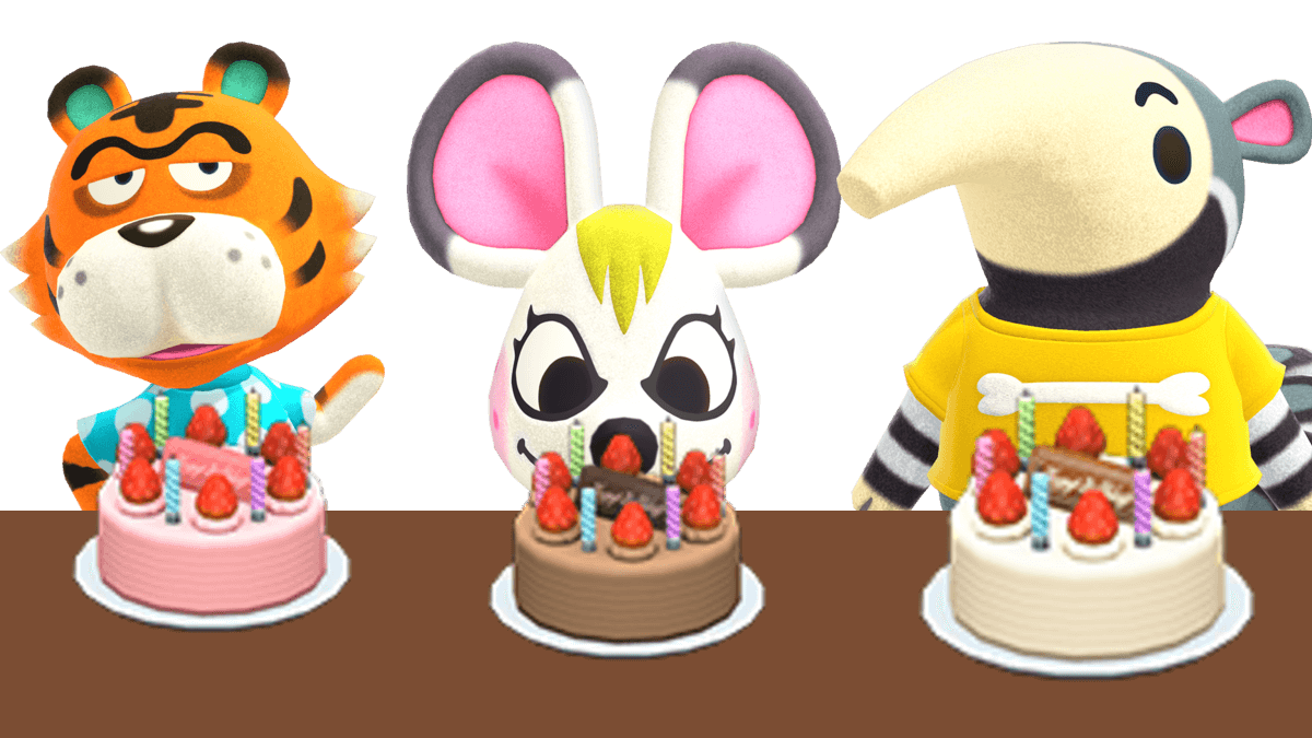 Several villagers with birthday cakes in Animal Crossing: New Horizons.