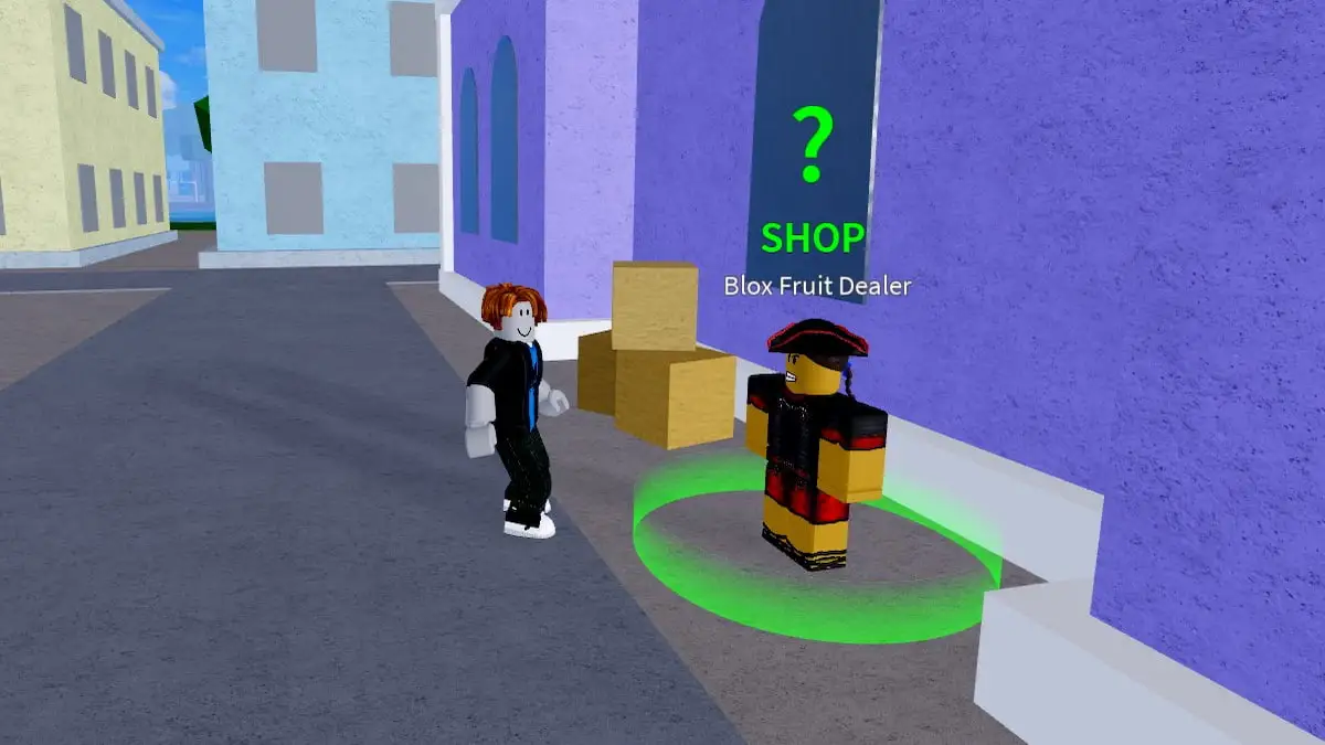 Blox Fruit Dealer standing in front of player in Blox Fruits