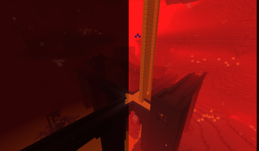 The difference between normal vision and nightvision in the Nether.