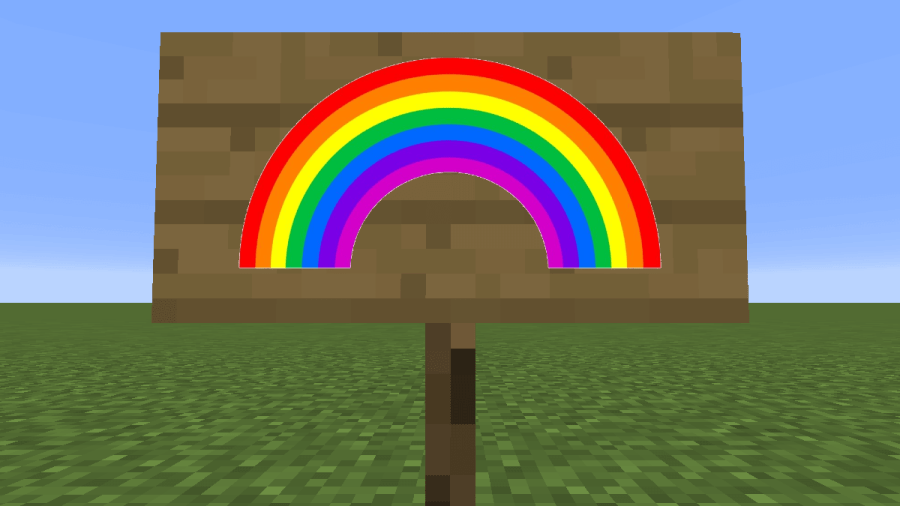A rainbow on a Minecraft sign.