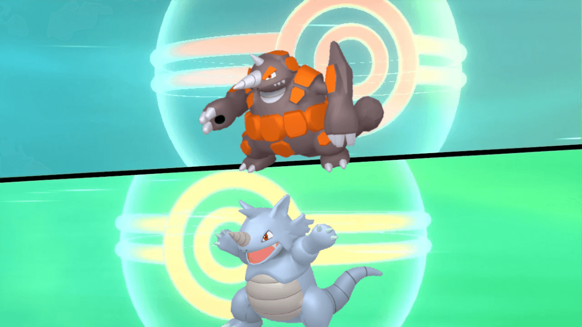 A Rhydon and Rhyperior being traded.