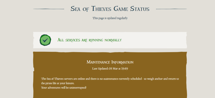 The Sea of Thieves server status page.