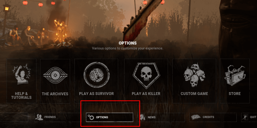 The Options button on the menu in Dead by Daylight.