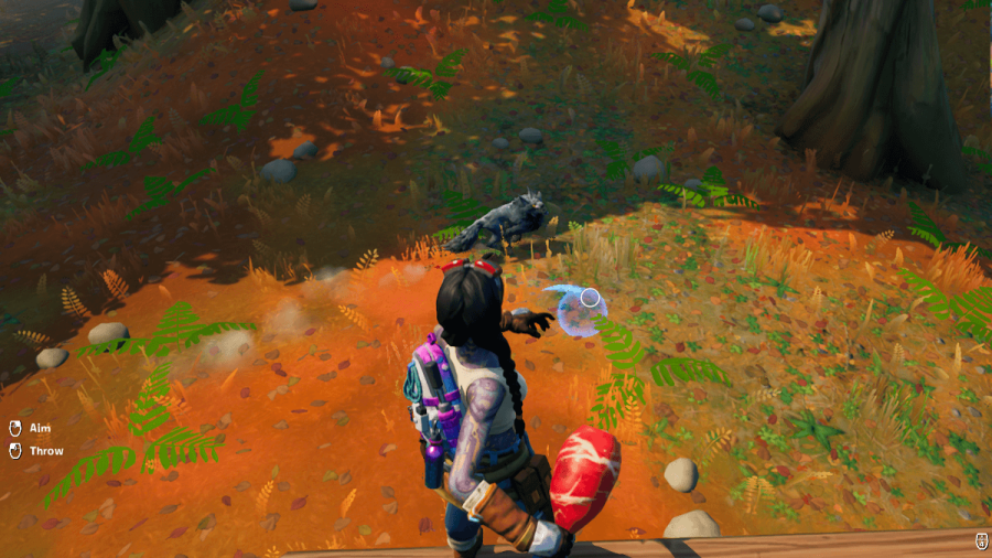 A Fortnite Character throwing MEat to a wolf.