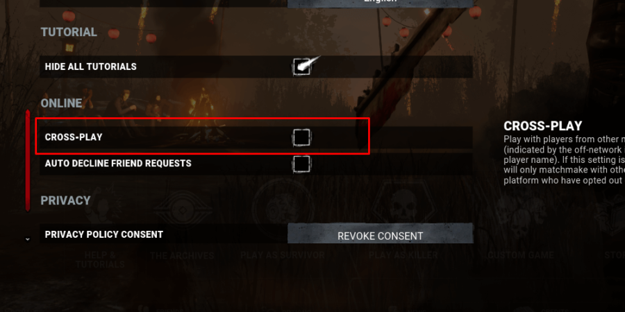 The crossplay setting in the options menu of Dead by Daylight.