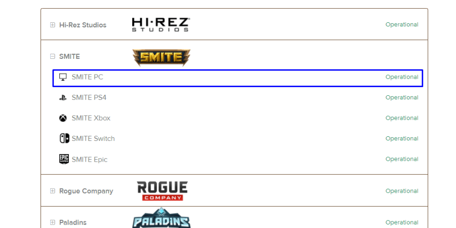 The Smite option on the Hi-Rez server page.