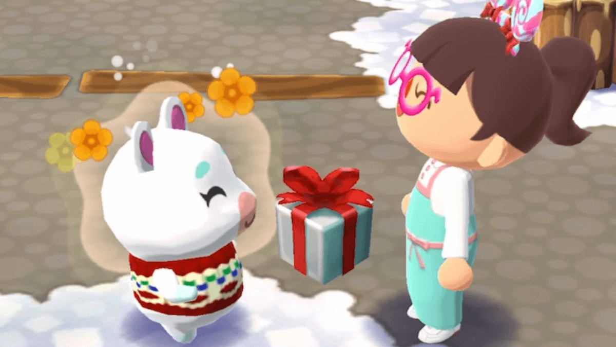 Characters exchanging gifts in Animal Crossing.