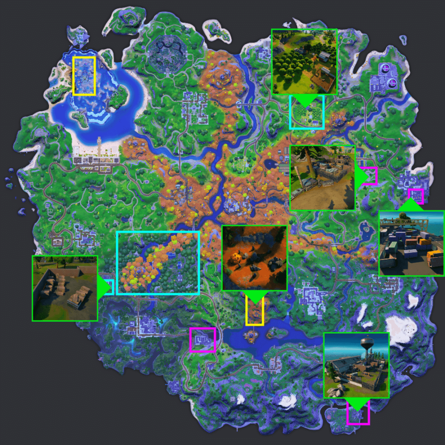 Map of good places to harvest resources in Fortnite Season 6.