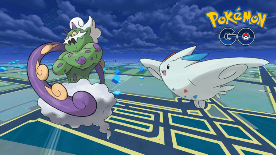 A Tornadus and Togekiss on a Pokemon Go Background.