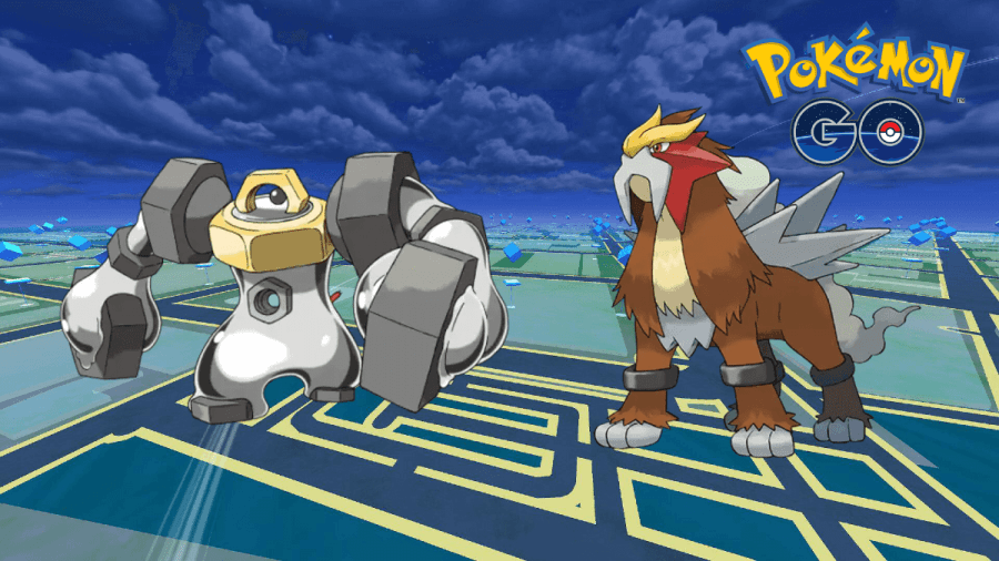 Entei and Melmetal on a Pokemon Go Background.