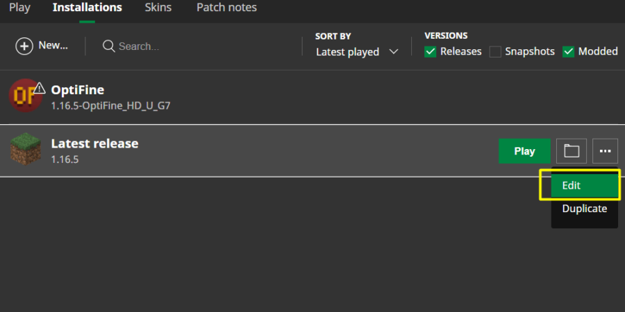 How to edit the installation profile in Minecraft.