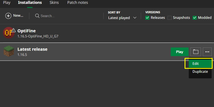 How to edit the installation profile in Minecraft.