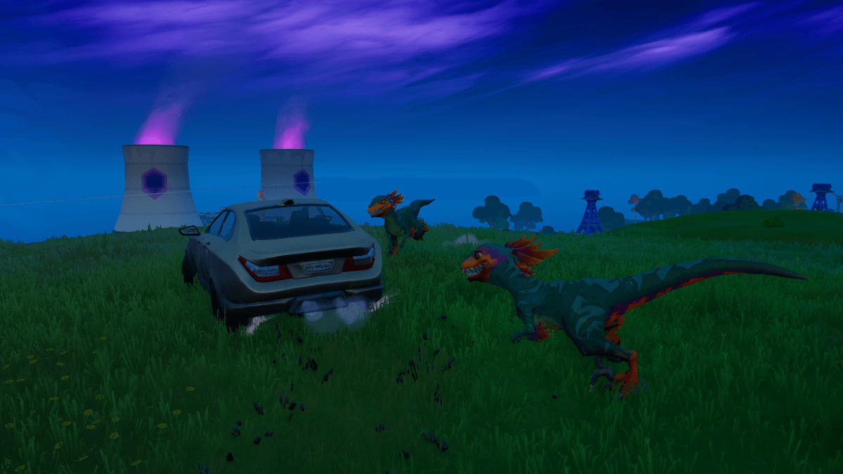 Raptors chasing a car in Fortnite.