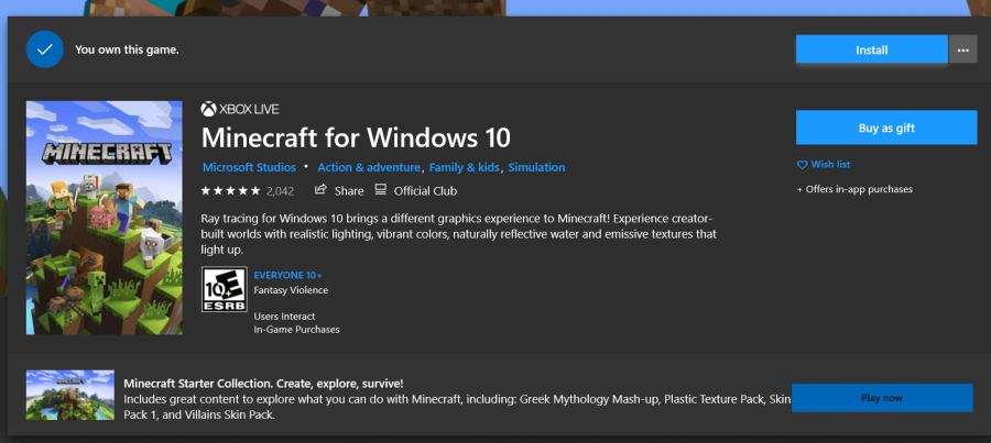 Il pulsante di installazione per Minecraft Windows 10