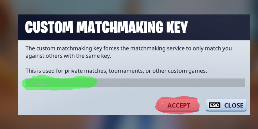 Entering a custom matchmaking key in fortnite.