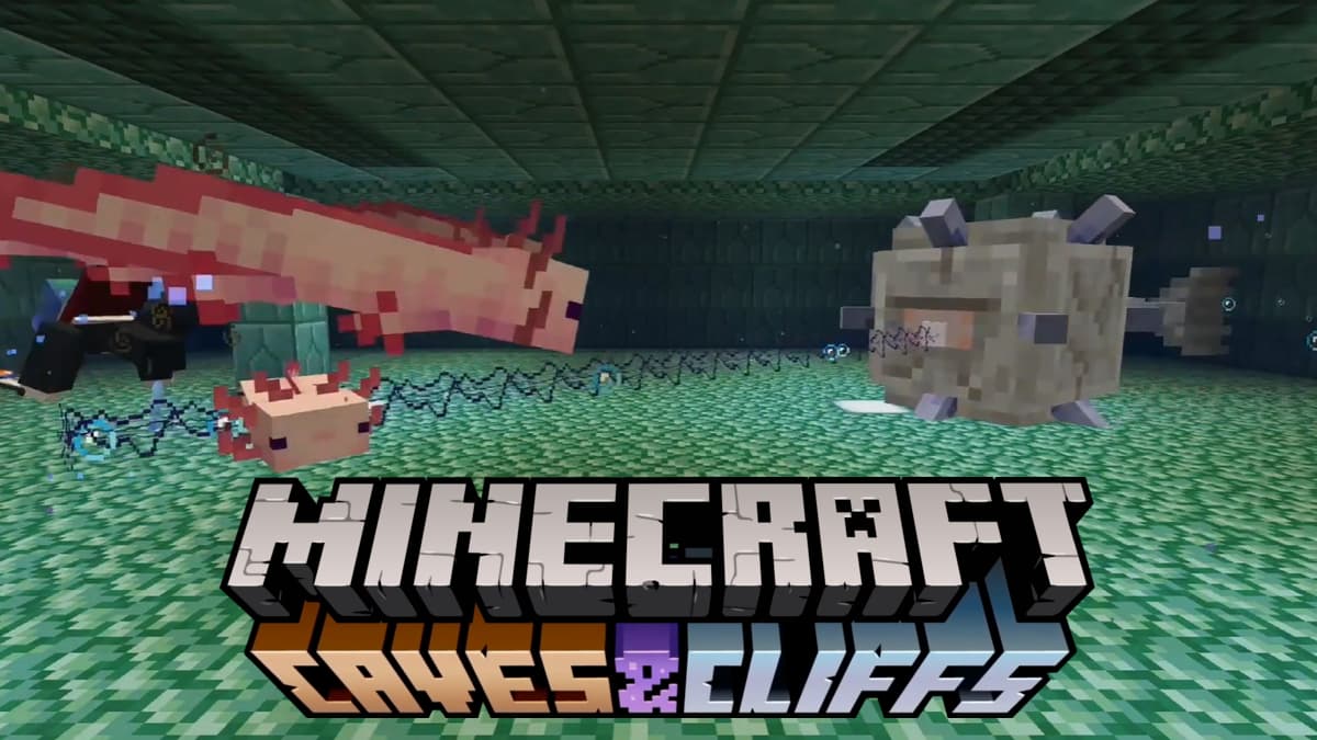 Minecraft Caves and Cliffs with axolotls fighting Guardians.