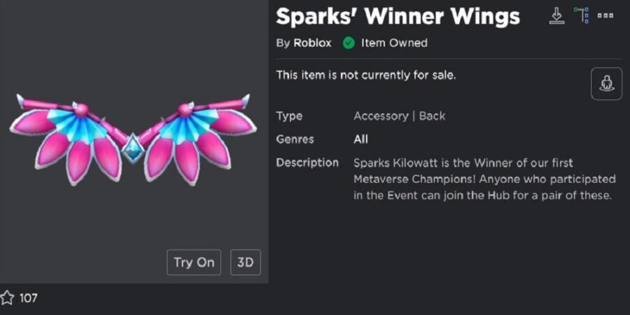 How To Get Sparks Kilowatt S Winner Wings In Roblox Metaverse Champions Games Predator - roblox wings accessories ids