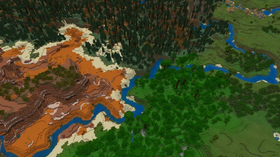 A Featured view of many rare biomes touching in Minecraft.